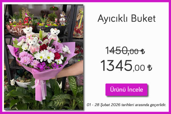 Ayıcıklı Buket 01-28 Şubat 2025 tarihleri arasında geçerlidir. Kütahya Çiçekçi